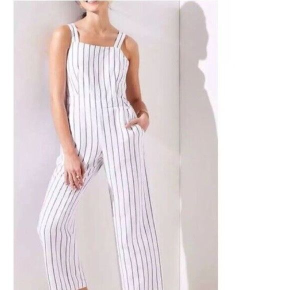 Loft Womens Linen Blend Jumpsuit XL White Black Stripe Sleeveless Wide Leg Boho - Picture 1 of 11
